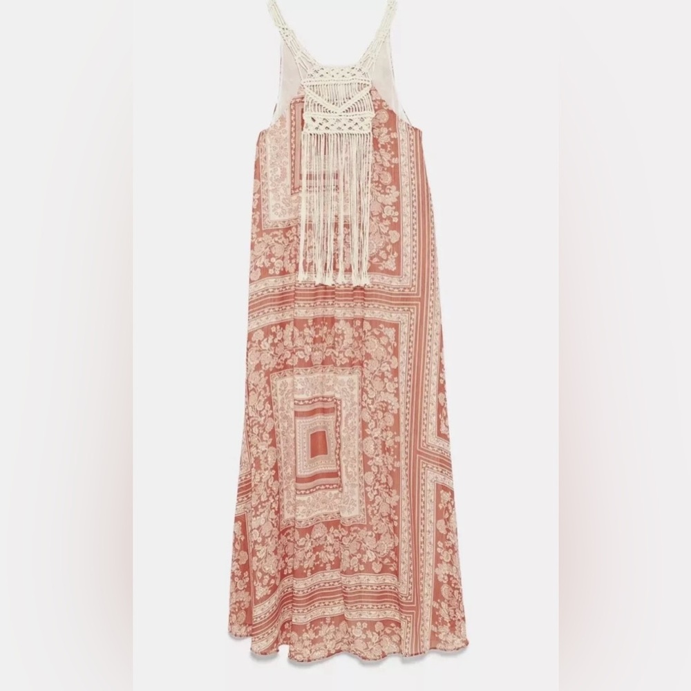 ZARA Macrame Bohemian Festival Lightweight Lined Maxi Dress Size Medium / Large‎